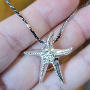 Silver Tone Starfish Pendant with Icy Rhinestone Accents with 18" Long Chain